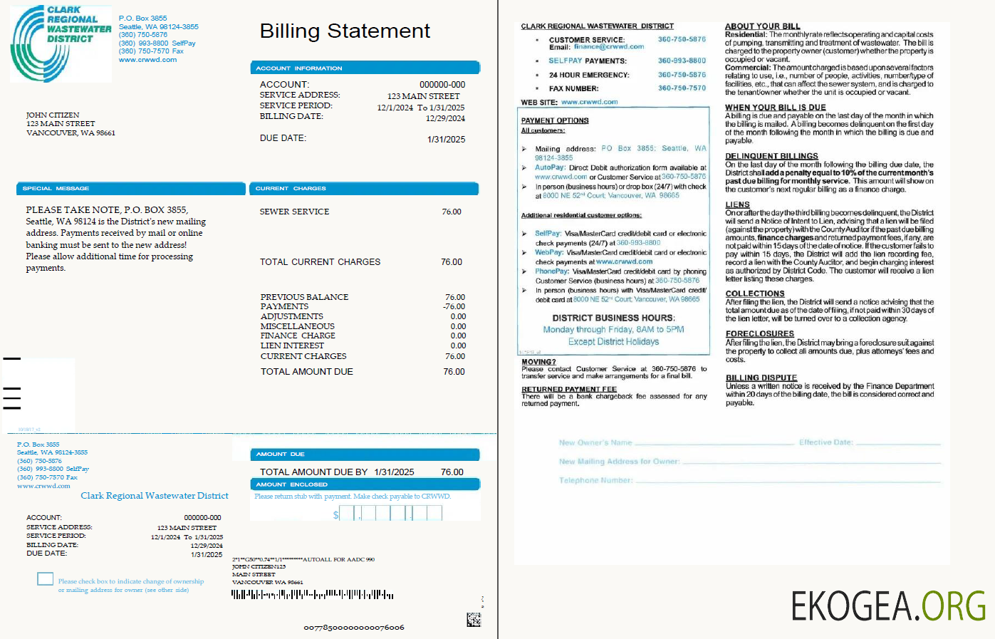 USA Clark Regional Wastewater District utility bill template in Word and PDF formats, 2 pages